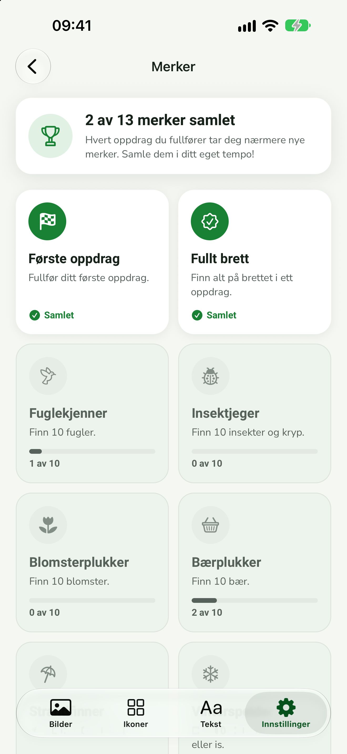 Merkeskjerm med 2 av 13 merker samlet