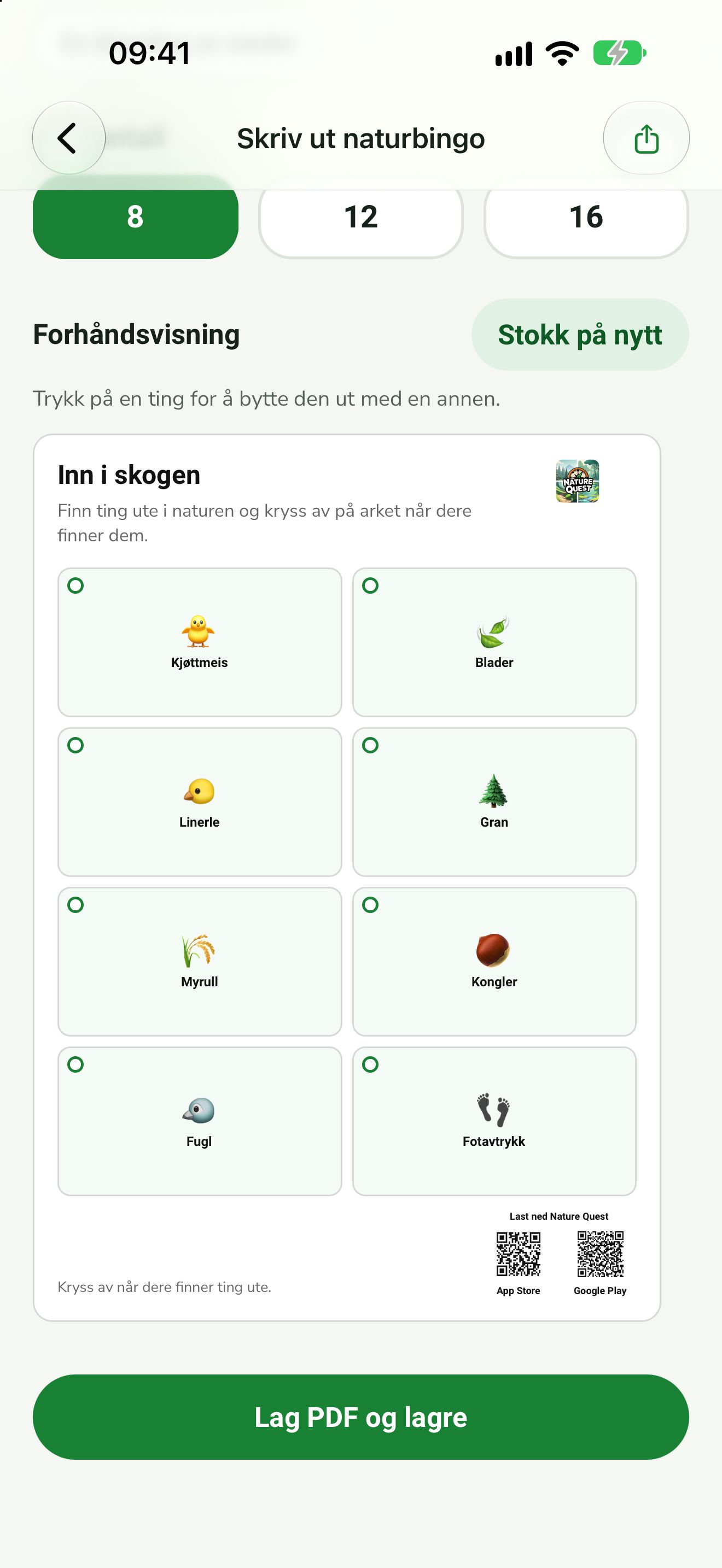 Utskriftsskjerm med forhåndsvisning av A4-ark og QR-koder