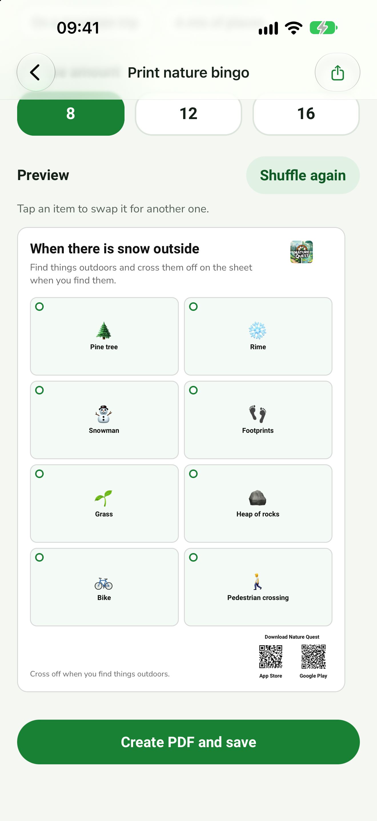 Print screen with a preview of an A4 nature bingo sheet